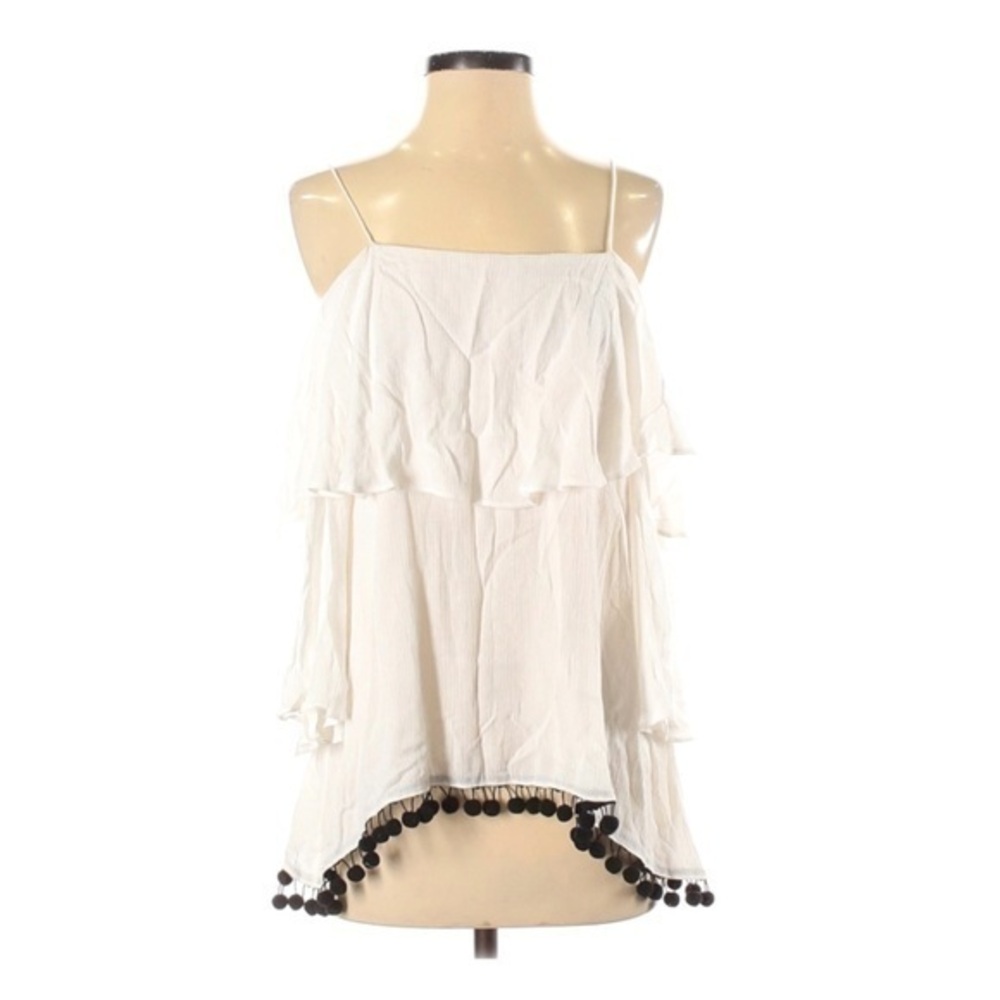 Alice + Olivia Cold Shoulder Fringe White Top